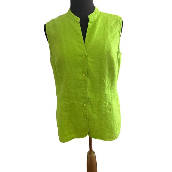 Kim Rogers Sleeveless Green Linen Button Down Blouse Size L 100 % Linen - Picture 1 of 8